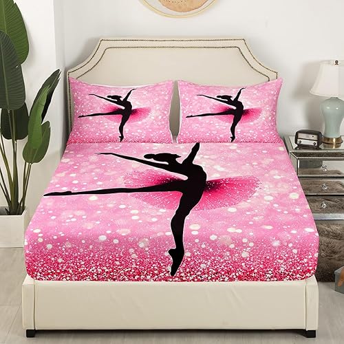 Miniatura 3 de Juego de ropa de cama de bailarina de ballet, tamaño matrimonial para niñas, sábana bajera ajustable de bailarina bailarina para niños,