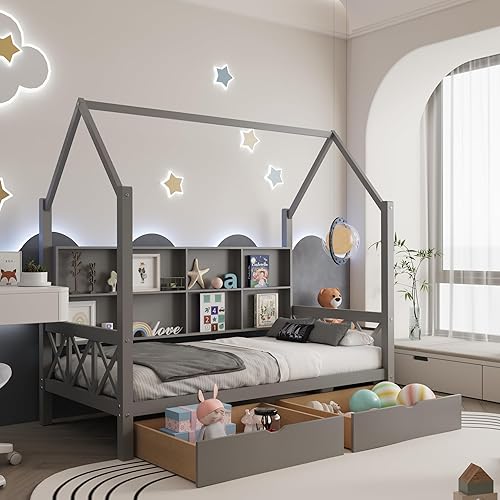 HUMEHA Cama individual para niños, cama de plataforma con 2 cajones, marco de cama Montessori con barandillas y listones de madera, cama de