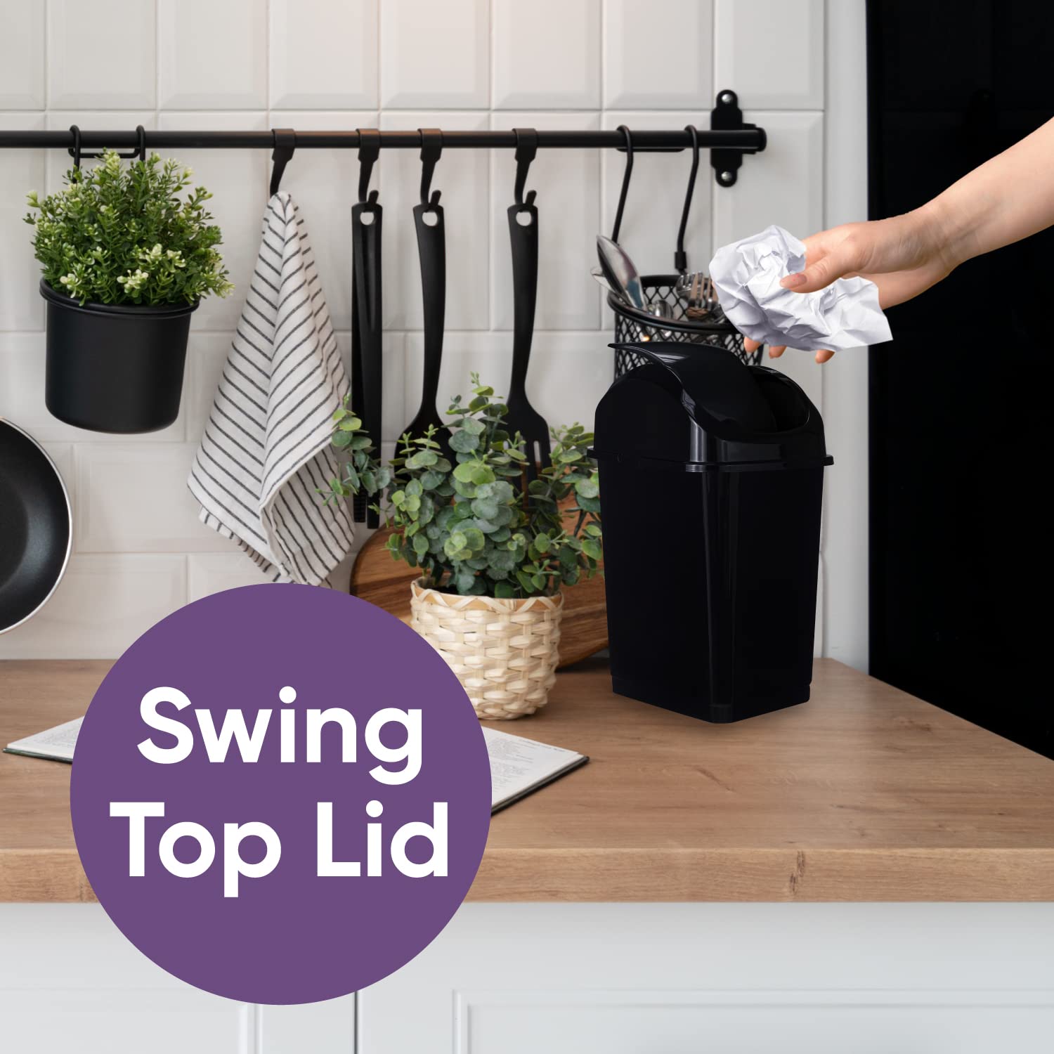 Superio Small 2.5 Gallon Plastic Trash Can with Swing Top Lid, Compact Slim Waste Bin for Under Desk, Office, Bedroom, Bathroom, Dorm Room, 10 Qt. Portable Garbage Can (Black, 2 Pack)