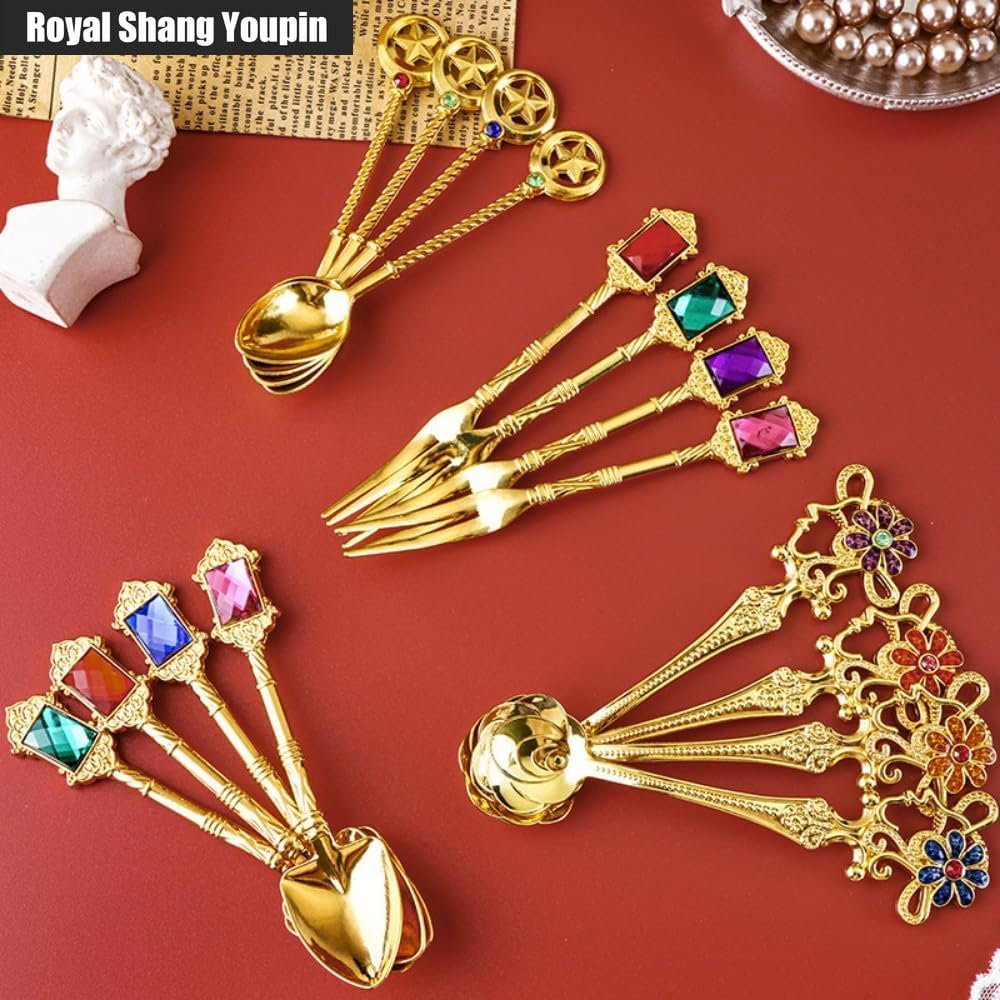 Mini 11cm/4.3 Inch Retro Spoon Tableware Zinc Alloy Coffee Spoon Fork Ice Cream Scoop Dessert Spoon Set (Fruit Fork Set of 8)
