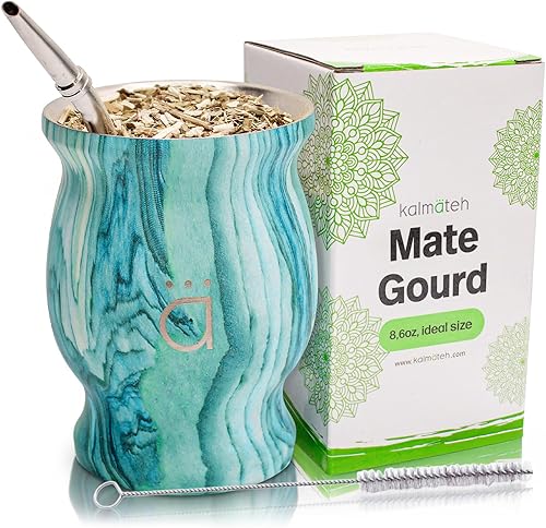 Vista 36 de Kalmateh Modern Yerba Mate Gourd - Doble pared 18/8 de acero inoxidable - Incluye bombilla y un cepillo de limpieza - 9 oz, 9.1 fl oz (mármol)
