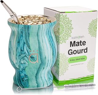 Kalmateh Traditional Yerba Mate Gourd 8.6 OZ, Modern Double Wall Stainless Steel Mate Cup with Bombilla, Filter Straw & Cleaning Brush, Design for Authentic Mate Experience