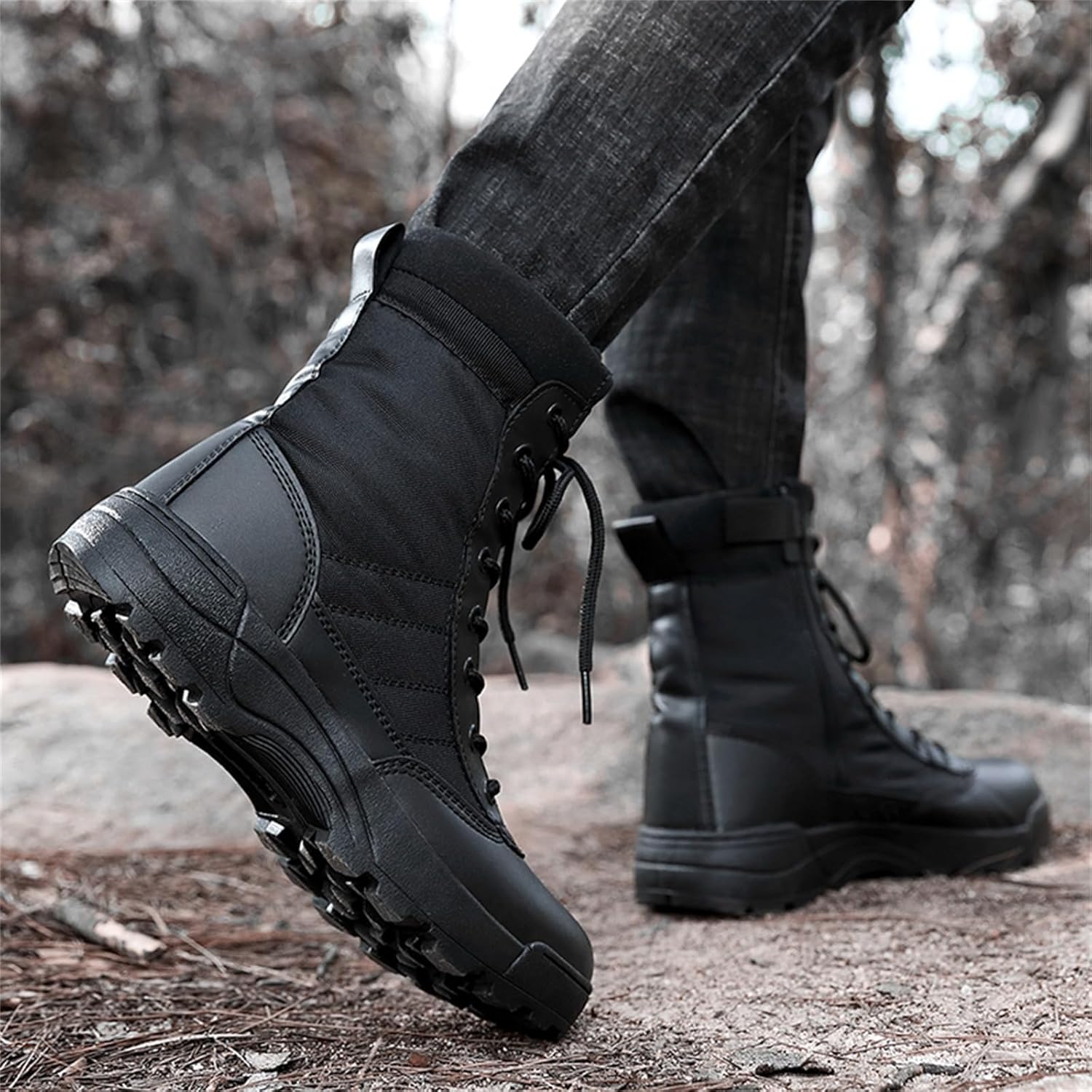 Men's 8 Inch High Top Lace Up Military Tactical Boots Suede Leather Closure Non Slip Outsole For Traction Medium Heel Support Reinforced Toe Cap For Outdoor Tactical Missions Hiking Military Training