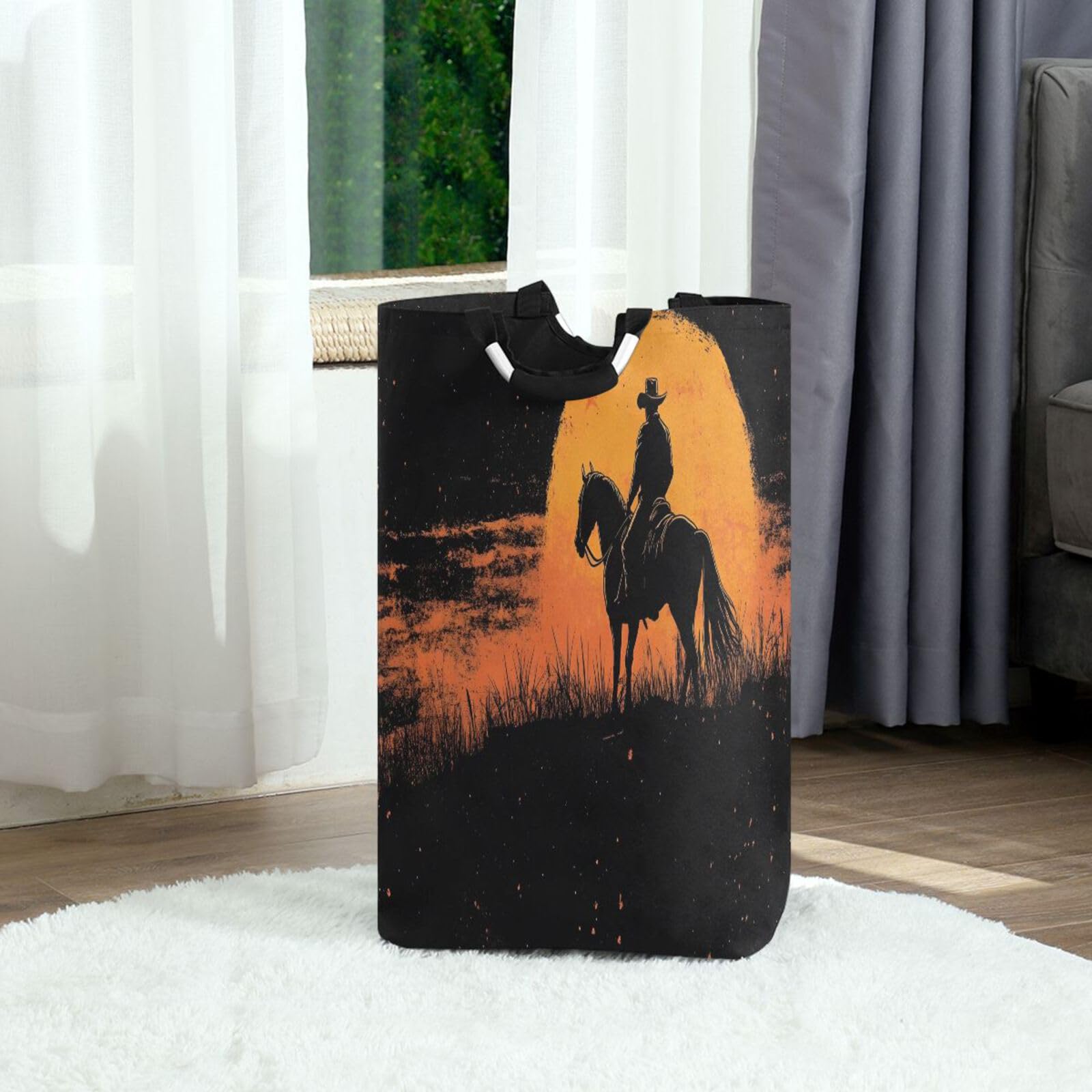 Jihqo Laundry Hamper Basket Sunset Cowboy Collapsible Nursery Storage Bin Waterproof Clothing Baskets for Home Bedroom Bathroom Washing Room