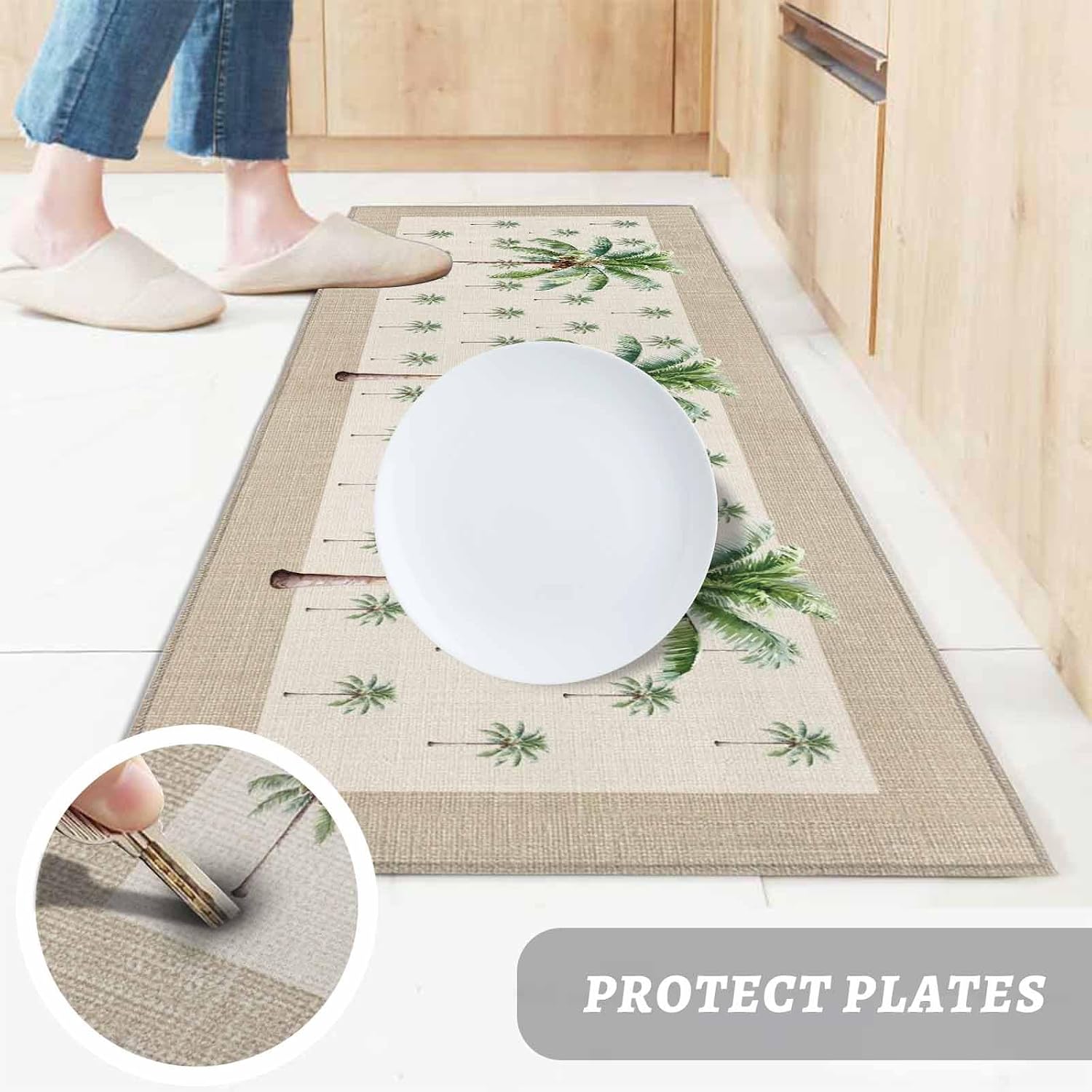 Teamery Kitchen Mats for Floor Tropical Coconut Tree on Beige Linen Washable Non Slip Kitchen Rugs 1PCS, Summer Plant Theme Absorbent Standing Mats for Sink Bathroom Office Living Room 15.7x47.2in