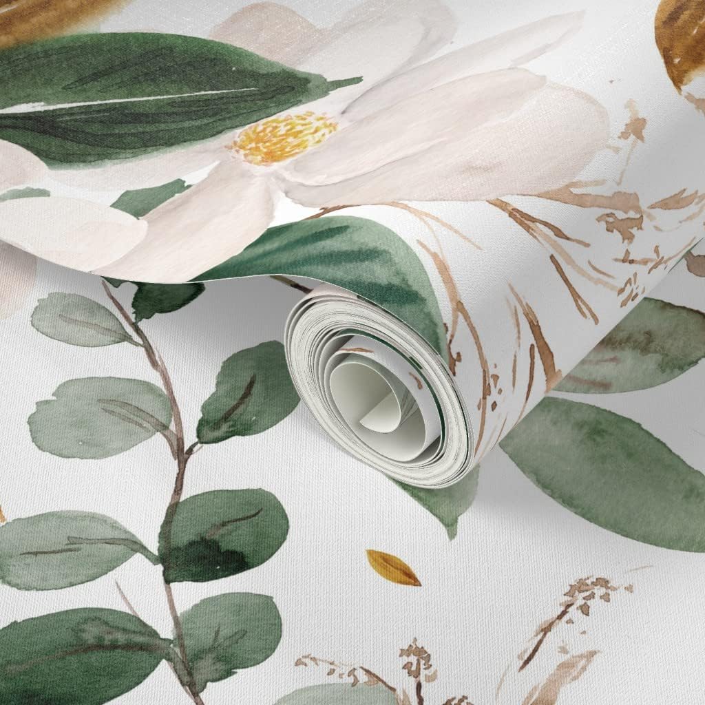 Peel & Stick Wallpaper Swatch - Gold Floral Magnolias Flowers White Custom Removable Wallpaper by Spoonflower