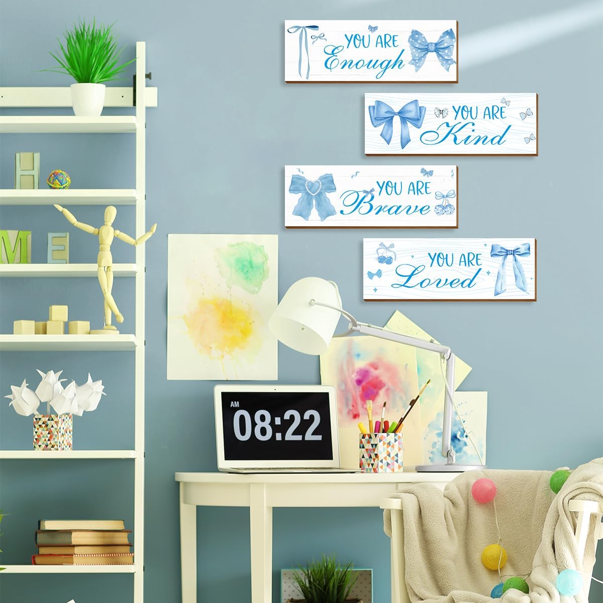 4 Pcs Blue Coquete Bow Room Decor, Teen Girls Trendy Preppy Wall Art Aesthetic for Bedroom Bathroom Decor, Inspirational Positive Affirmations image 3