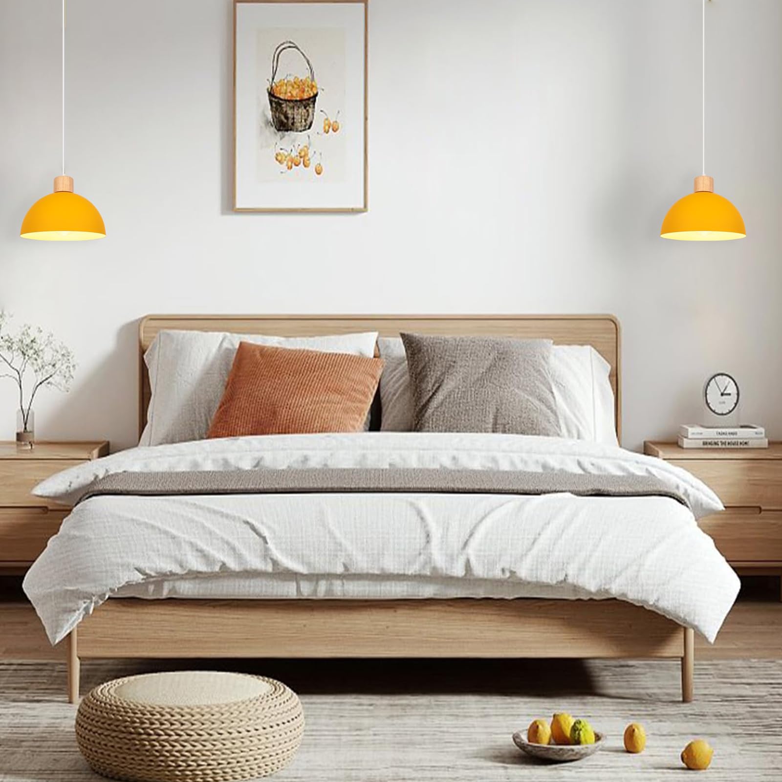 iDEGU Set of 2 Retro Pendant Light Fixtures E27 Ceiling Light Modern Scandinavian Style 25cm Hemisphere Hanging Lampshade Metal Wood Pendant Light for Bedroom Dining Room Kitchen Restaurant (Yellow) - Image 3