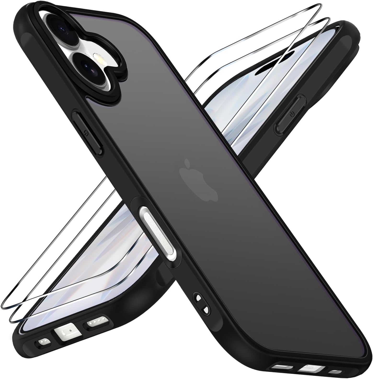ivoler 3-in-1 Case for iPhone 17 6.3" 2025 with 2 Pack Tempered Glass Screen Protector [Military Grade Protection], Frosted Translucent Back for iPhone 17 Cover- Black