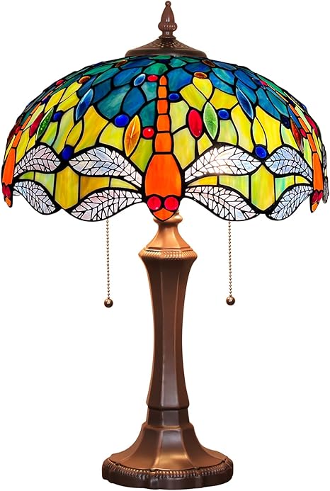 Capulina Capulina Tiffany Table Lamp 2-Light 16x16x24 Inches Blue Orange Dragonfly Style Stained Glass Desk Light for Bedrooms Living Room Study Home Office