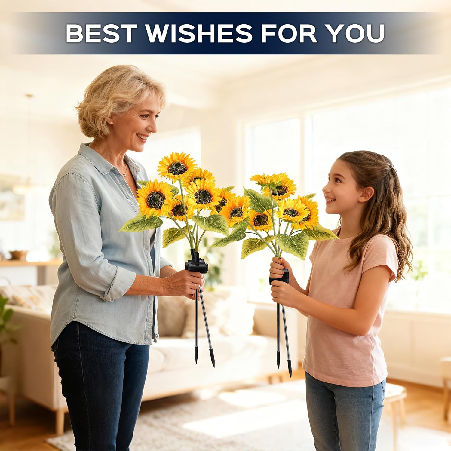 TANSOREN 3 Pack Solar Garden Lights Outdoor, 2 Lighting Modes Warm White LED Waterproof Solar Powered Sun Flowers Landscape Light for Outside Yard, Patio, Pathway Decorative, Décor, Gifts