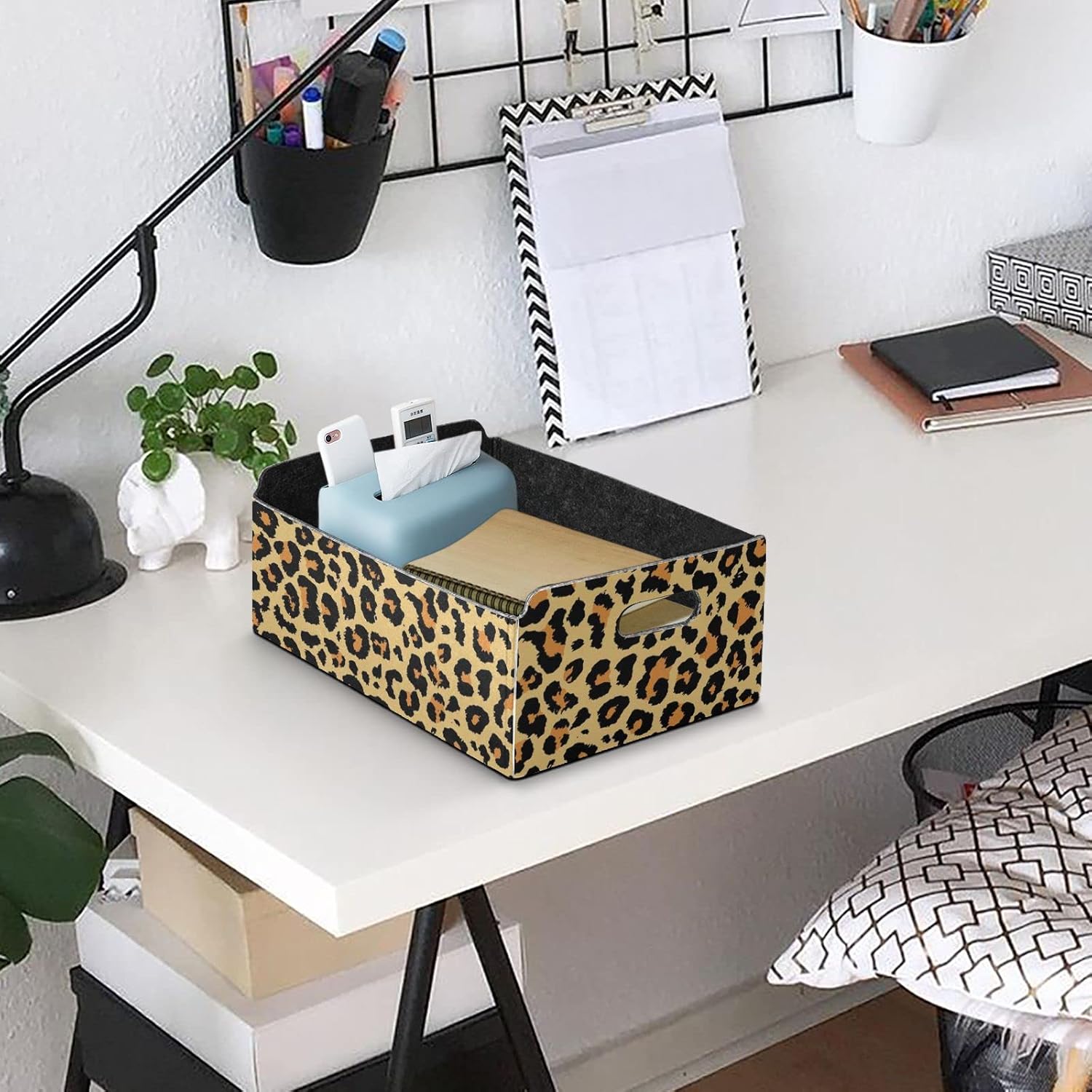 CaTaKu Foldable Storage Basket Leopard Pattern Collapsible Felt Storage Bins with Handle Drawer Organizer Bin Cube Shelf Box for Organizing Closet Clothes Office Books Bedroom