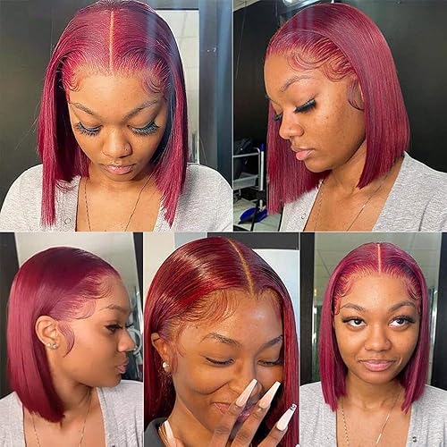 Miniatura 2 de Peluca de cabello humano 99J Bob burdeo 8 pulgadas 13X4 HD transparente, con encaje frontal 99J, peluca de encaje frontal burdeo para cabello