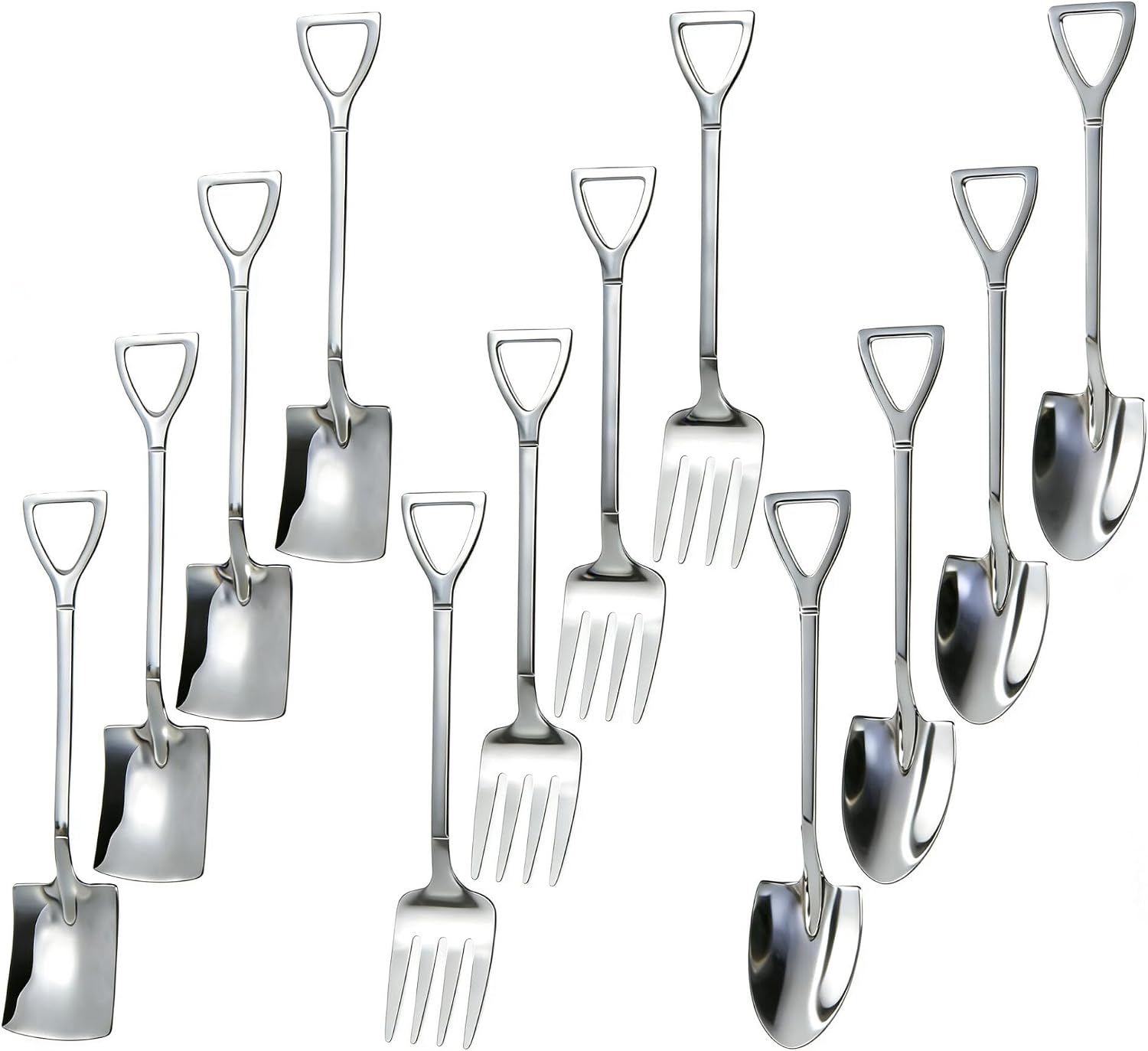 12PCS Dessert Spoons and Forks Set, Stainless Steel Shovel Shape Ice Cream Spoons, Mini Unique Silverware for Home Cocktail Appetizer Party Coffee Yogurt Cake Fruit (Silver)