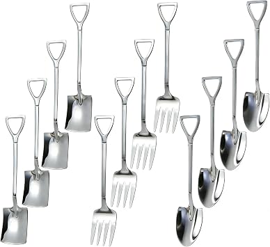 12PCS Dessert Spoons and Forks Set, Stainless Steel Shovel Shape Ice Cream Spoons, Mini Unique Silverware for Home Cocktail Appetizer Party Coffee Yogurt Cake Fruit Silver