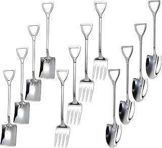 12PCS Dessert Spoons and Forks Set, Stainless Steel Shovel Shape Ice Cream Spoons, Mini Unique Silverware for Home Cocktail Appetizer Party Coffee Yogurt Cake Fruit (Silver)