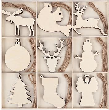 MACTING 45PCS Wooden Christmas Ornaments Unfinished Predrilled Natural Wood Slices DIY Blank Hanging Ornaments Kit for Crafts Centerpieces Christmas Tree Decorations, 9 Styles