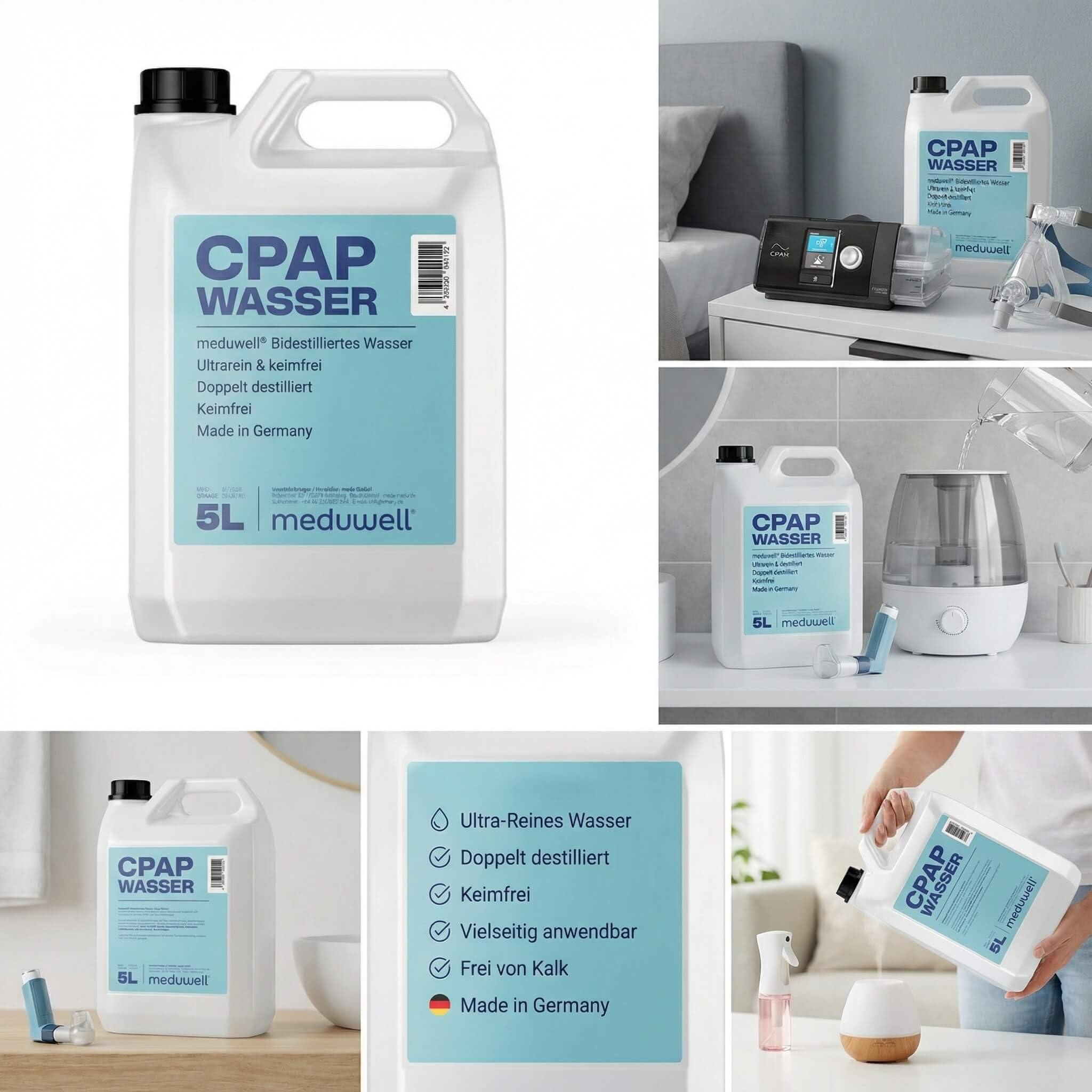 CPAP Wasser, Bidestilliertes Wasser für Atemtherapie, Sauerstoffgeräte, Inhalatoren, Luftbefeuchter, Kosmetische Anwendungen, 5 Liter Kanister (1x 5 Liter Kanister)