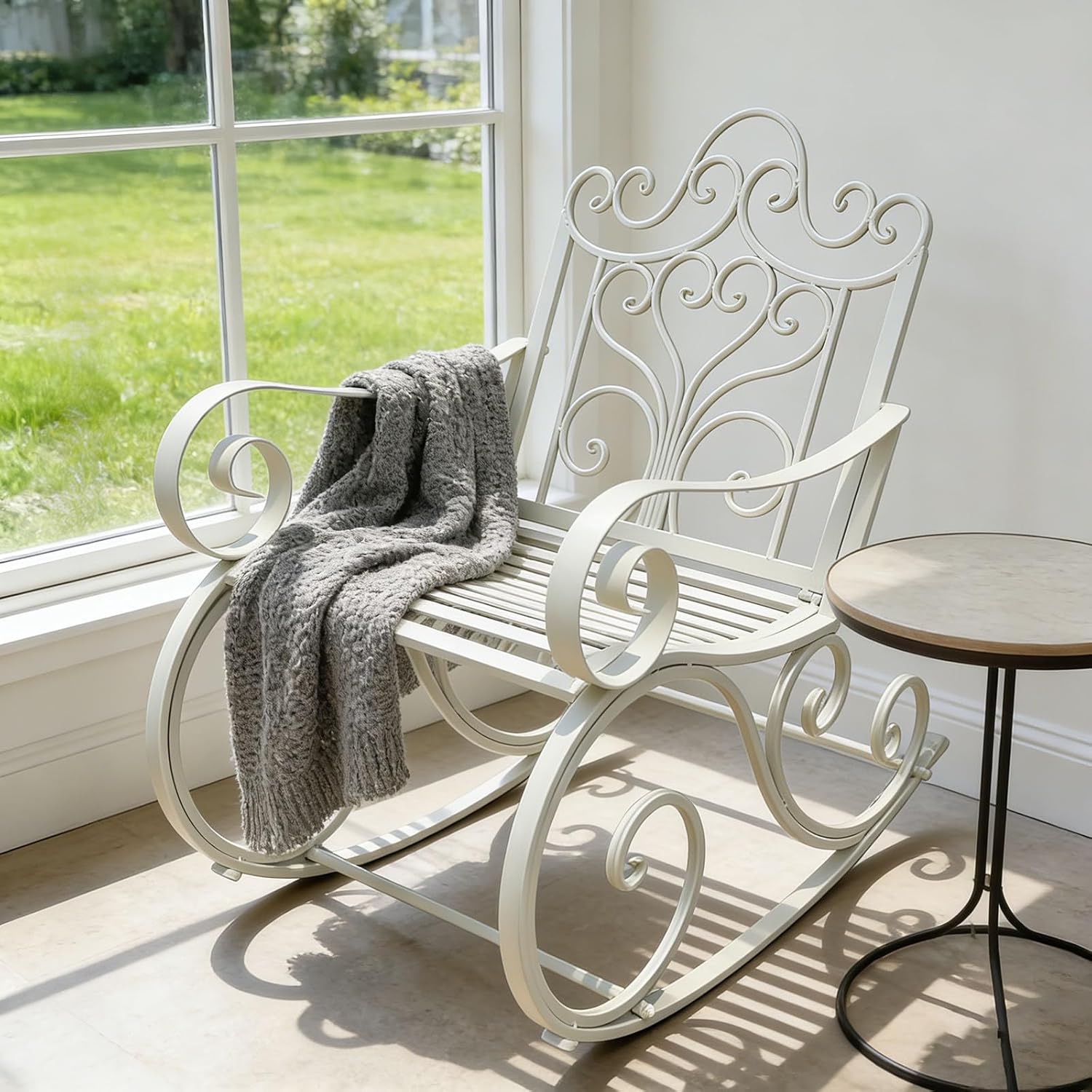 Outdoor Rocking Chair, Wrought Iron Metal Patio Rocking Chair with Armrests and Backrest, Suitable for Indoor, Backyard or Garden, 35.5x25x20.1 Inches (White)