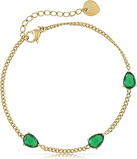 Bracelet en pierre précieuse dorée avec trois pierres chakra vertes de 16 cm de long avec chaîne de réglage de 4 cm - Cadeau parfait pour les femmes