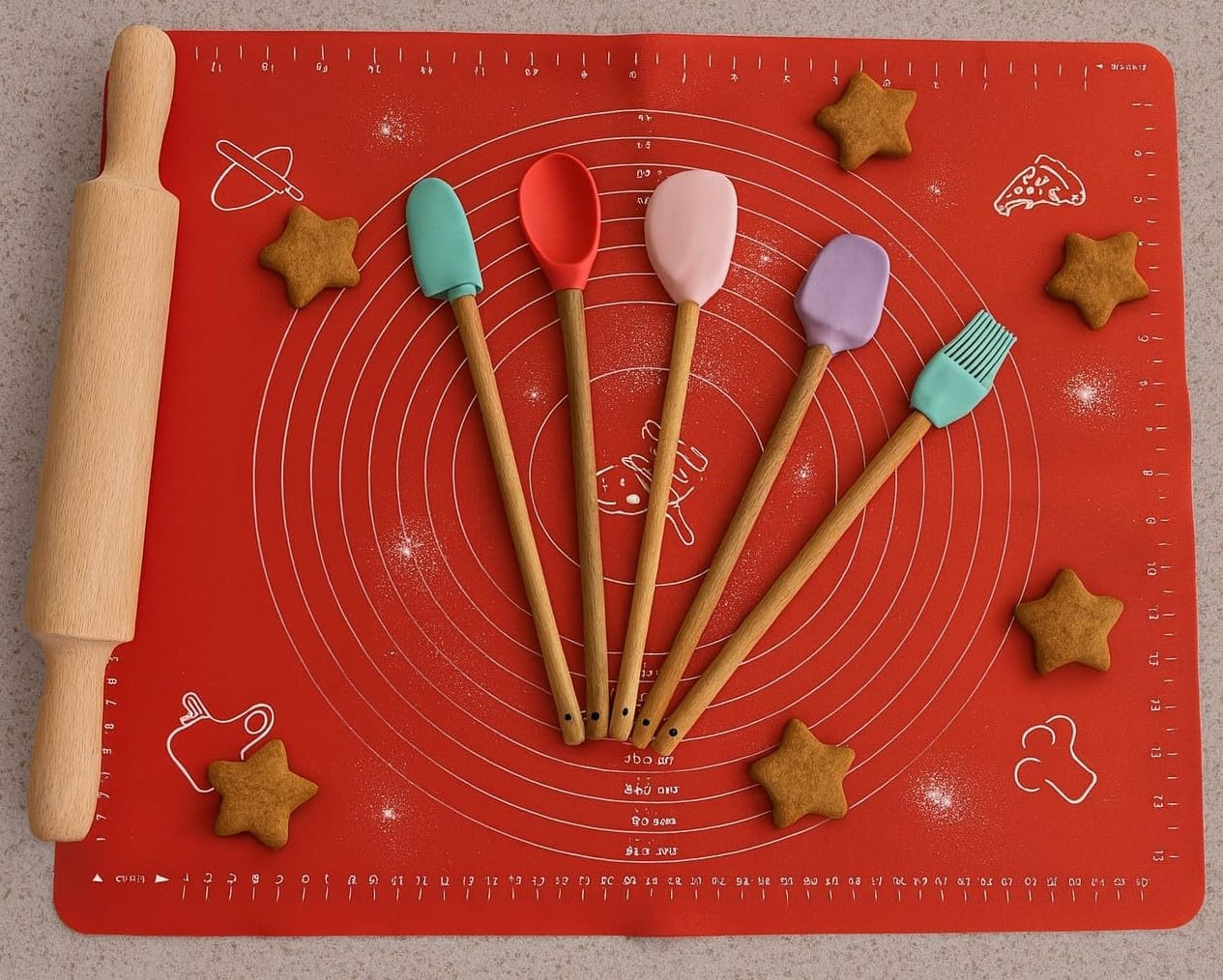 Büyük boy silikon hamur matı ile birlikte ahşap saplı 5"li spatula seti kolay kullanım