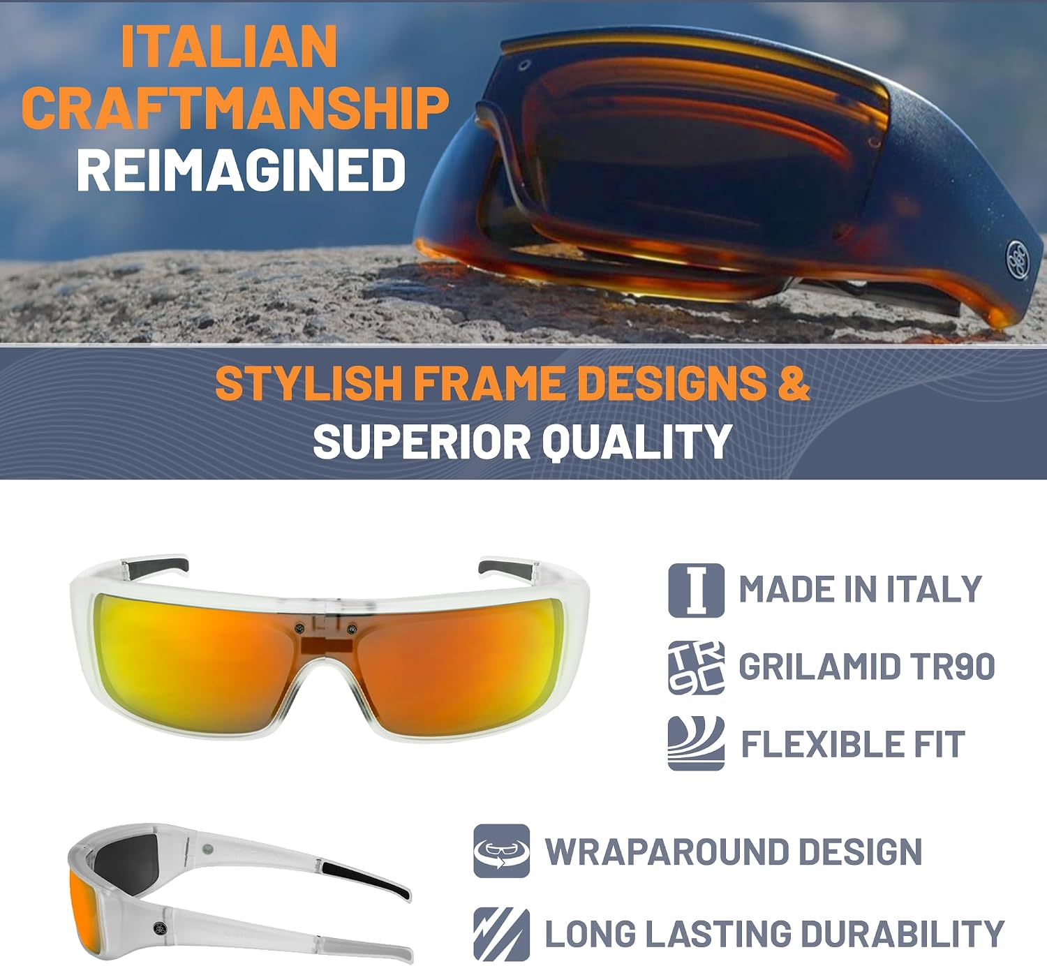 POPGEAR Mens Sport Sunglasses, Womens Polarized Sunglasses, Grilamid TR90 Made in Italy, Easily Collapse For Compact Storage