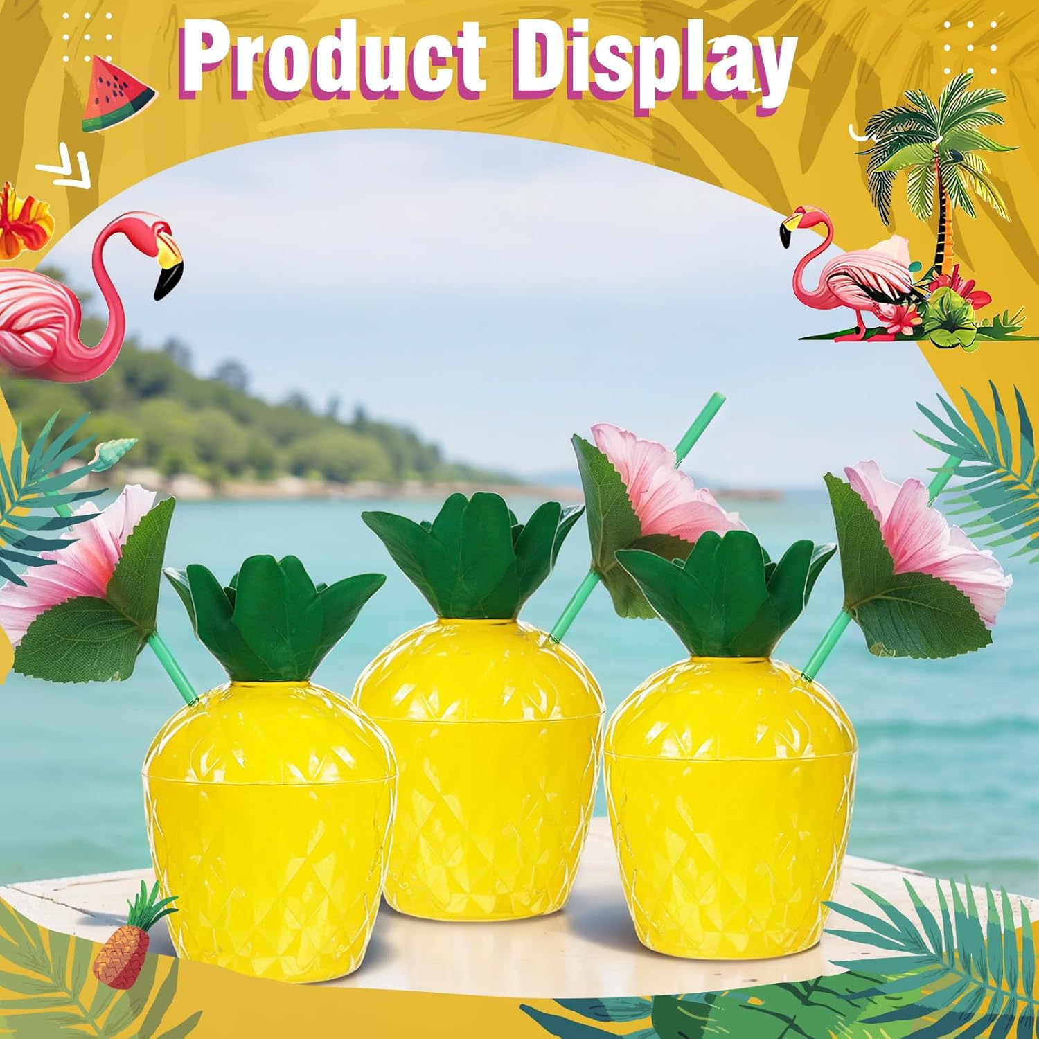 Hushee 24 Pack Pineapple Cups with 24 Flower Straws and 24 Inflatable Floating Flamingo Drink Holders Plastic Pineapple Cup Flamingo Coaster for Hawaiian Luau Summer Beach Birthday Party Favor Supply