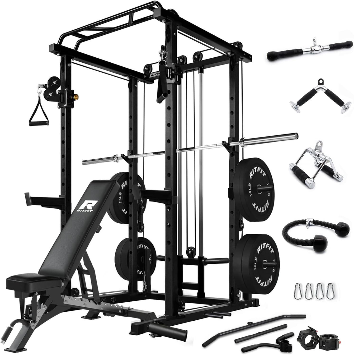 RitFit Multi-Function Squat Rack Power Cage PPC03 with Cable Crossover System, 1000LBS Capacity Power Rack and Packages with Optional Weight Bench, Olympic Barbell Weight Set, for Garage & Home Gym