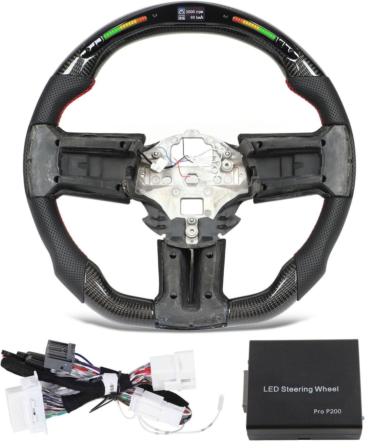 LED Shift Lights Display Steering Wheel - Carbon Fiber & Leather Grip for Mustang 2010-2014 - Car Steering Wheel Upgrade
