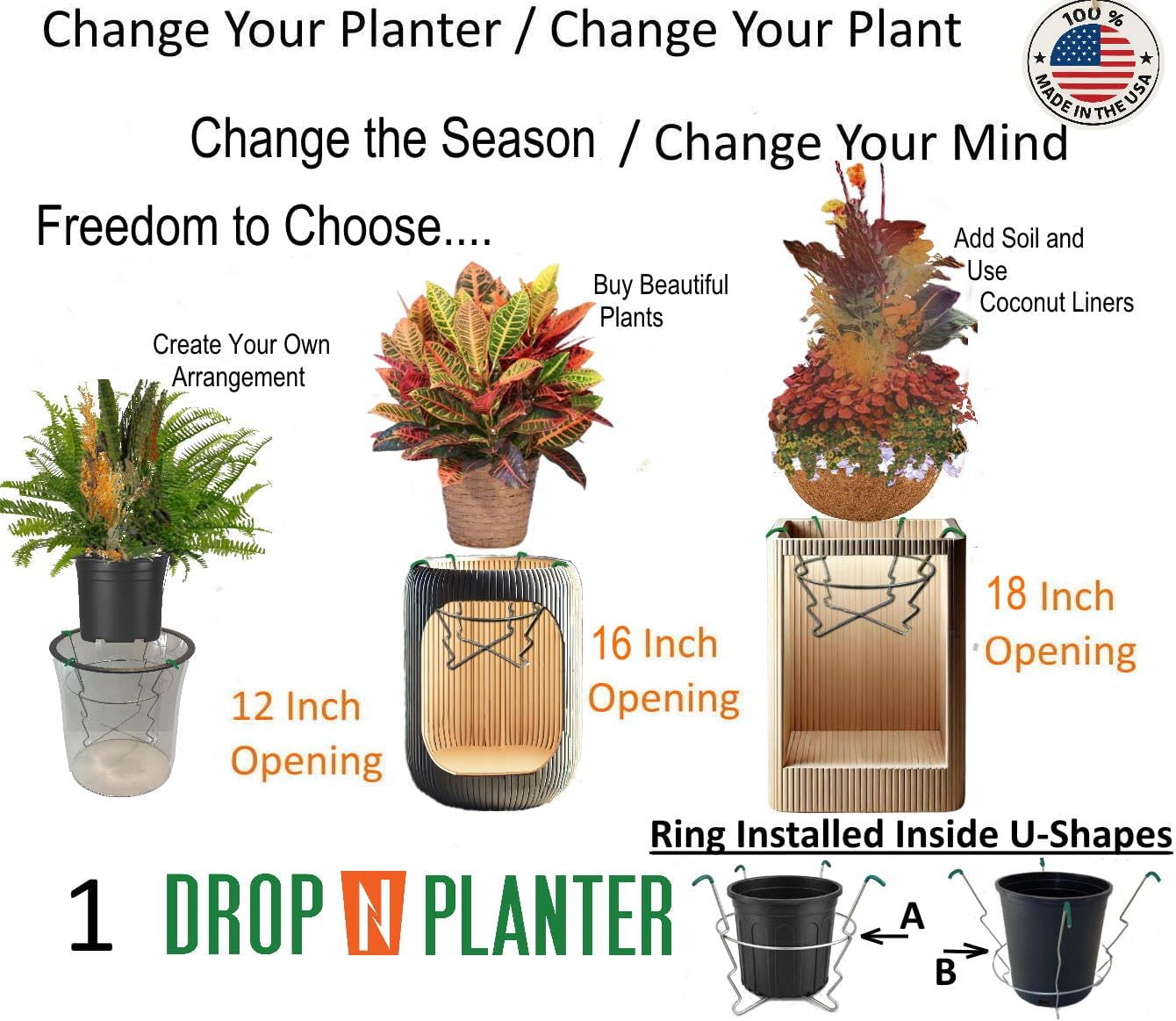 Premium Adjustable Planter Insert. Start at The TOP/Any Height Flower Pot. Any Opening 12-18 Inches Wide - Patented Fit, Stable, No Tools, Watch The Video & Drop IT in..Made in The USA