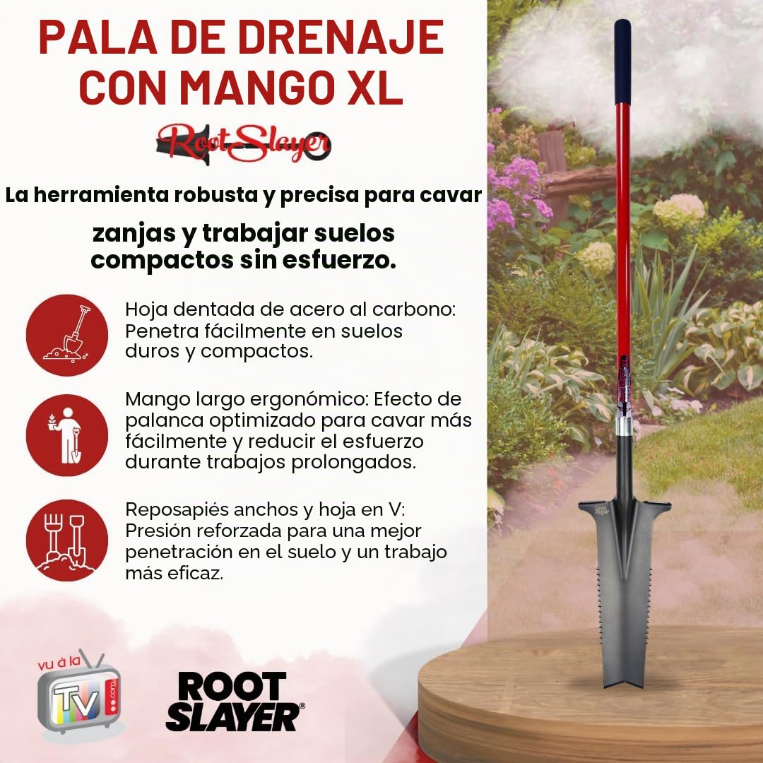 Pala de Drenaje con Mango XL - ROOTSLAYER - VENTEO - Hoja en V invertida - Dientes Ultra afilados de Acero al Carbono