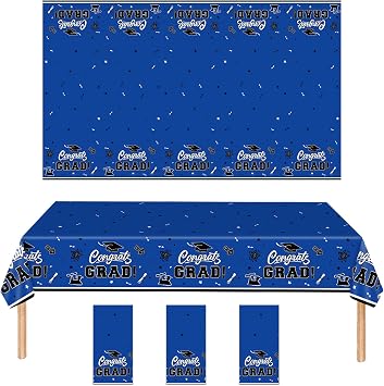 3 PCS Graduation Tablecloth Congrats Grad Table Cloth for Class of 2026, Graduation Party Table Decorations Waterproof Plastic Rectangular Disposable,54 x 108 Inch Blue