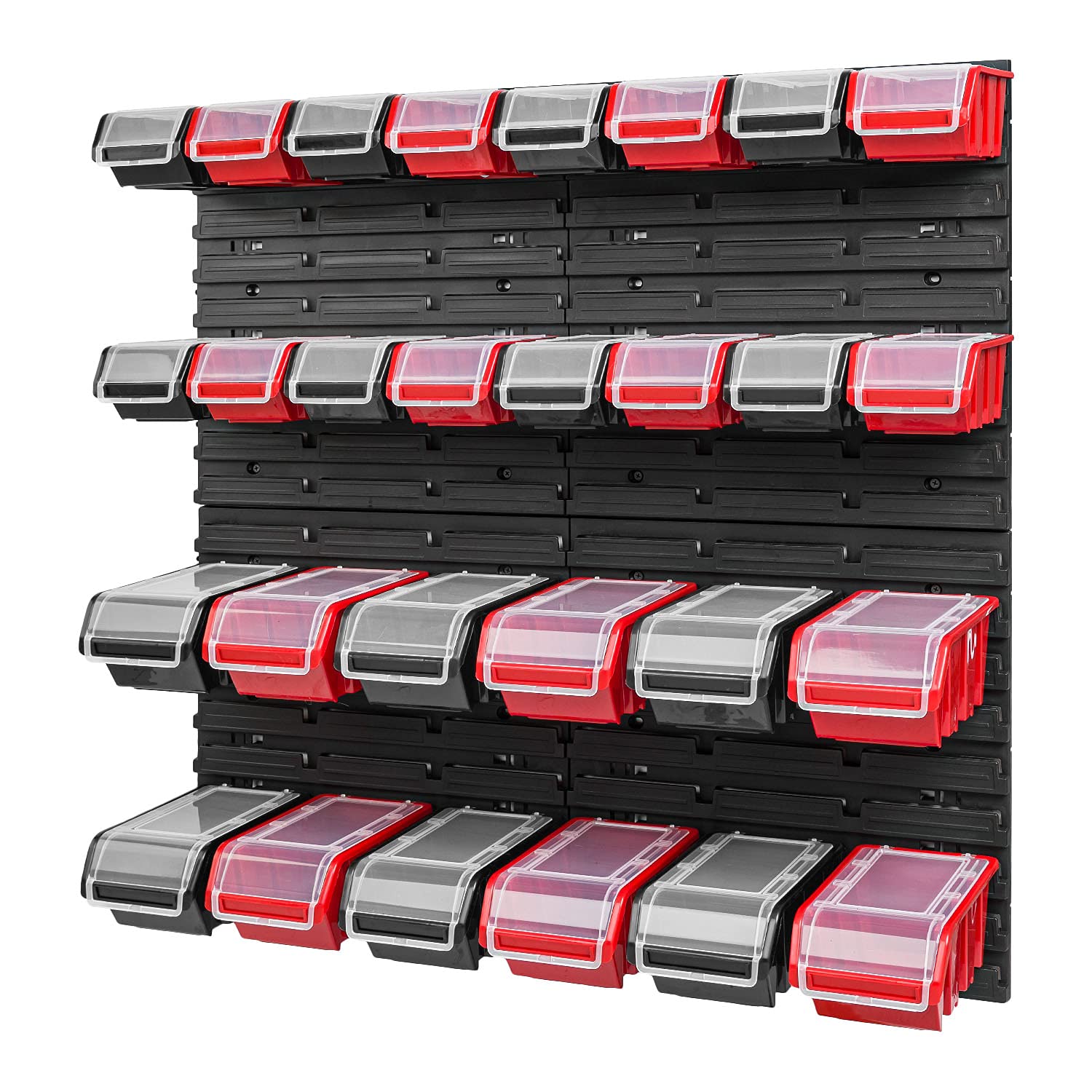 PAFEN Stapelbox Wandregal 772 x 780 mm - Lagersystem 28 Stück Boxen mit Deckel - Lagerregal Sichtlagerkästen Schüttenregal, Schwarz/Rot
