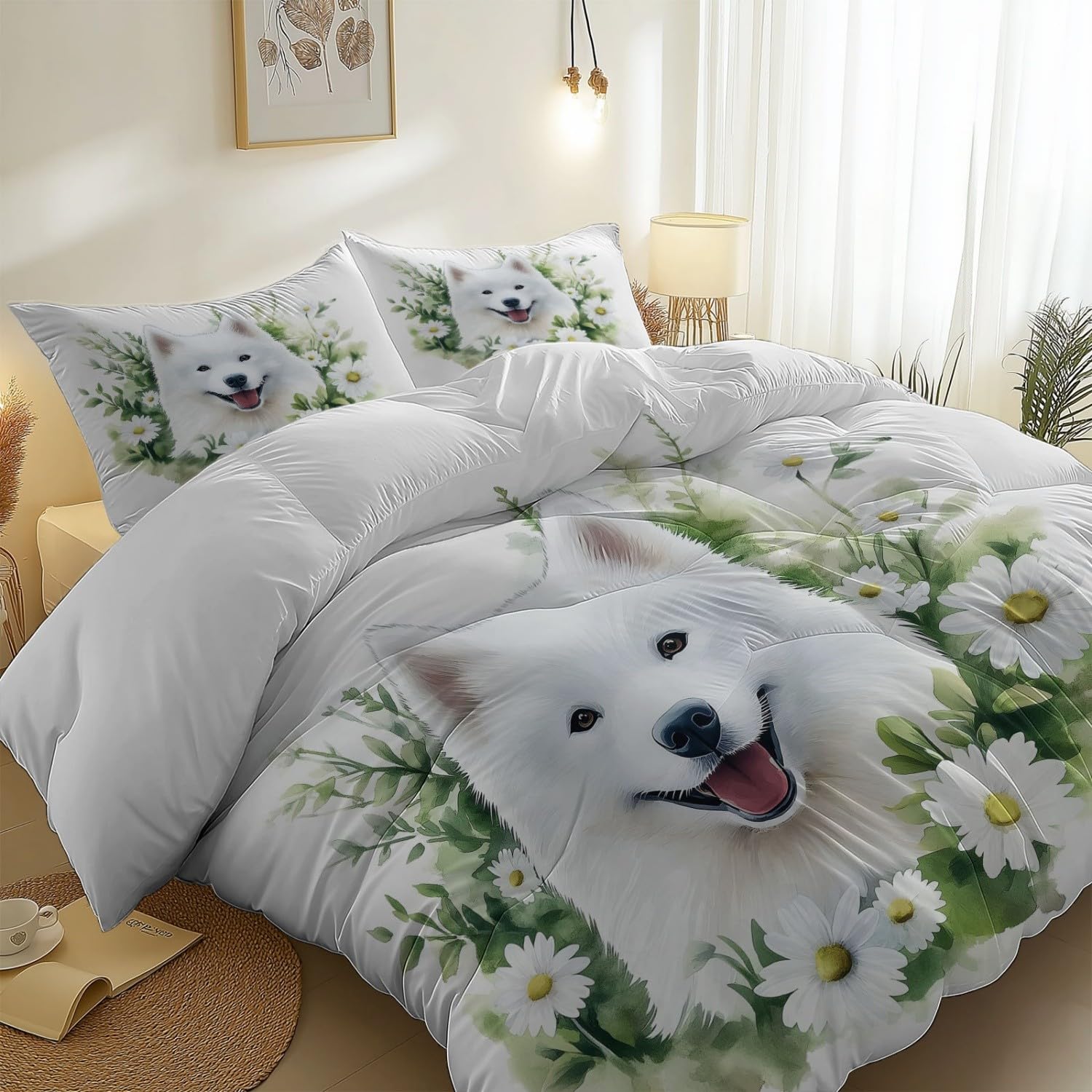 Akwarela Samoyed Zwierzęta Poszwa na kołdrę z mikrofibry z 2 poszewkami na poduszki, komfortowy zestaw pościeli 240 x 220 cm do dekoracji pokoju dziecięcego i dorosłych, biała