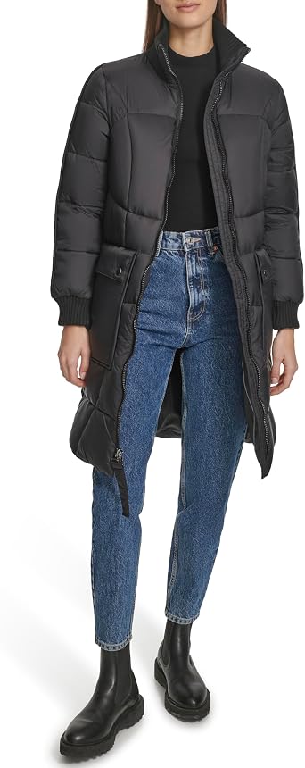 Andrew Marc Womens Quilted Rib Knit Collar Puffer
