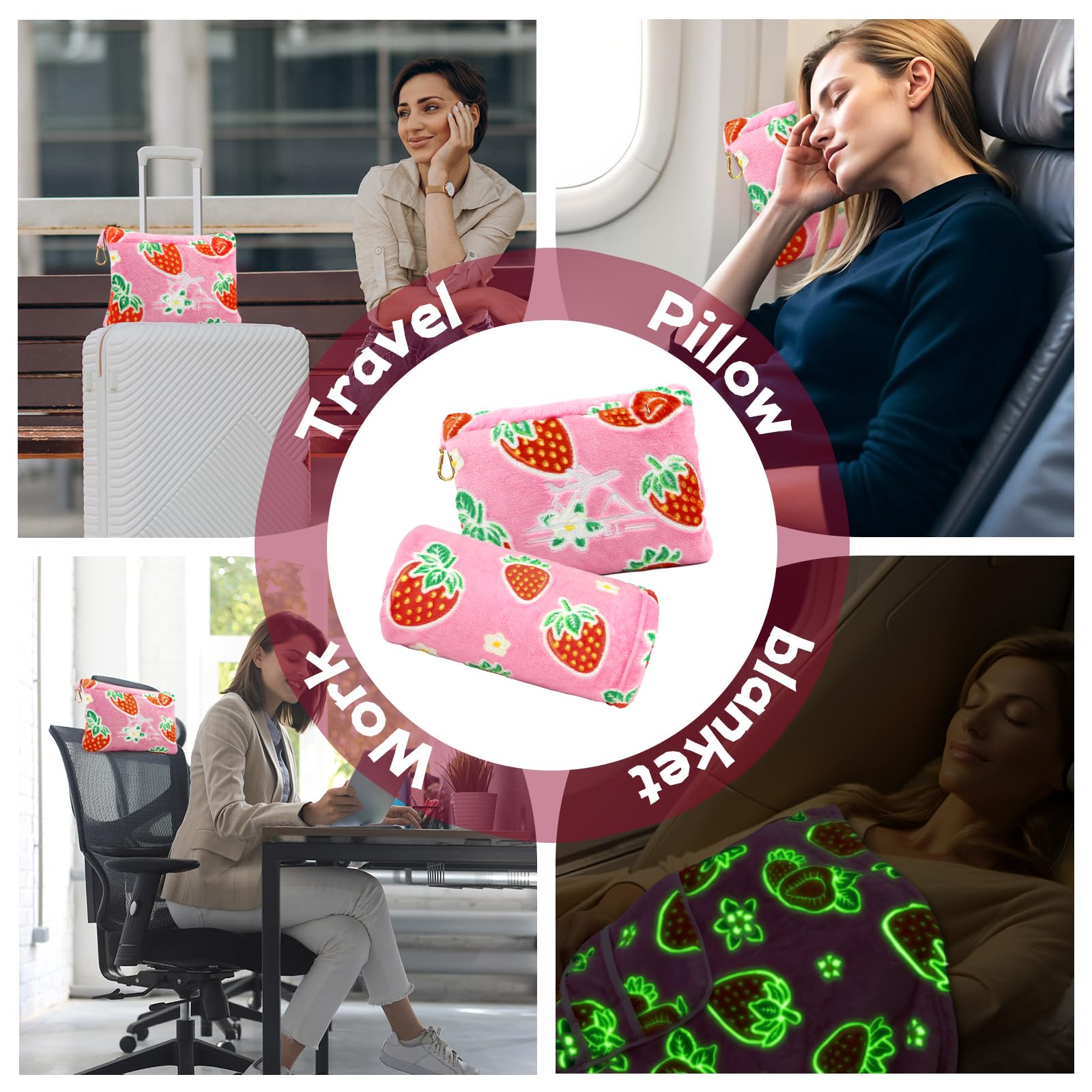Juego de manta y almohada de fresa – Manta de viaje para niños que brilla en la oscuridad, compacta y suave, mullida, manta de vellón de frutas rosas para automóvil, avión, viajes, bonitos regalos de 5