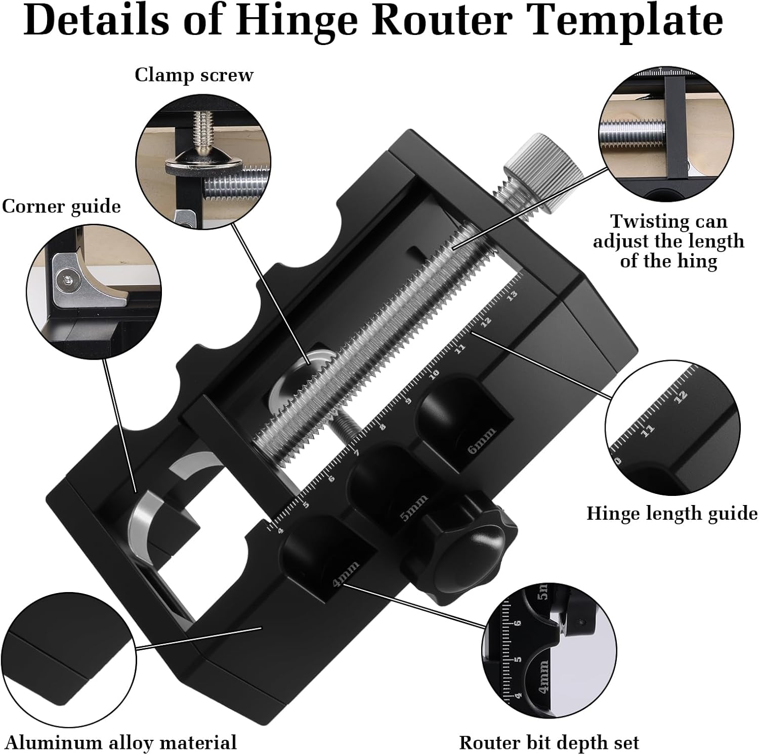 Door Hinge Jig, Aluminum Alloy Door Hinge Tool, Adjustable Router Template for Door Hinges from 4 to 13cm Length and 1/4” Radius, 5/8” Radius, and Square Mortise Jigs