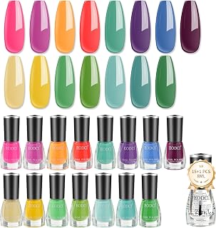 16 PCS Nail Polish Set, 15 Bright Colors Quick Dry Nail Polish Kit With 2in1 Base/Top Coat Spring Summer Colors Finger Nail Polish Pack Glossy Toenail Polish DIY Gifts for Women