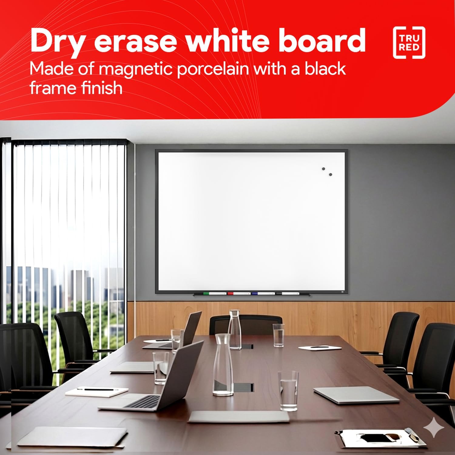 TRU RED Magnetic Porcelain Whiteboard | Dry Erase Board for Wall, White Board with Black Frame, 3 ft x 4 ft, 4 Multicolor Markers Included