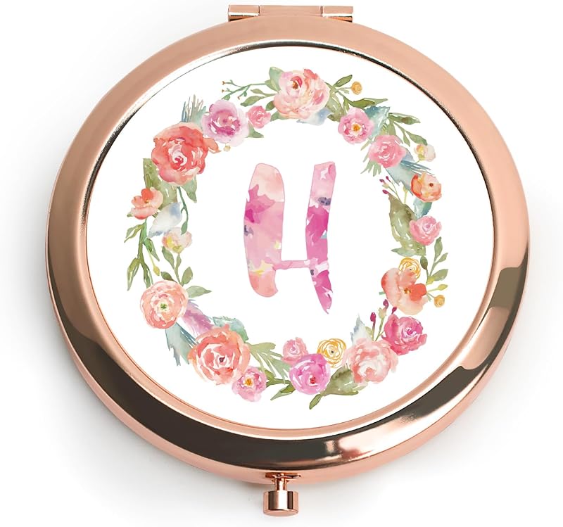 Espelho compacto personalizado QUSTGO com monograma floral, cor H, moldura rose gold e caixa para presente