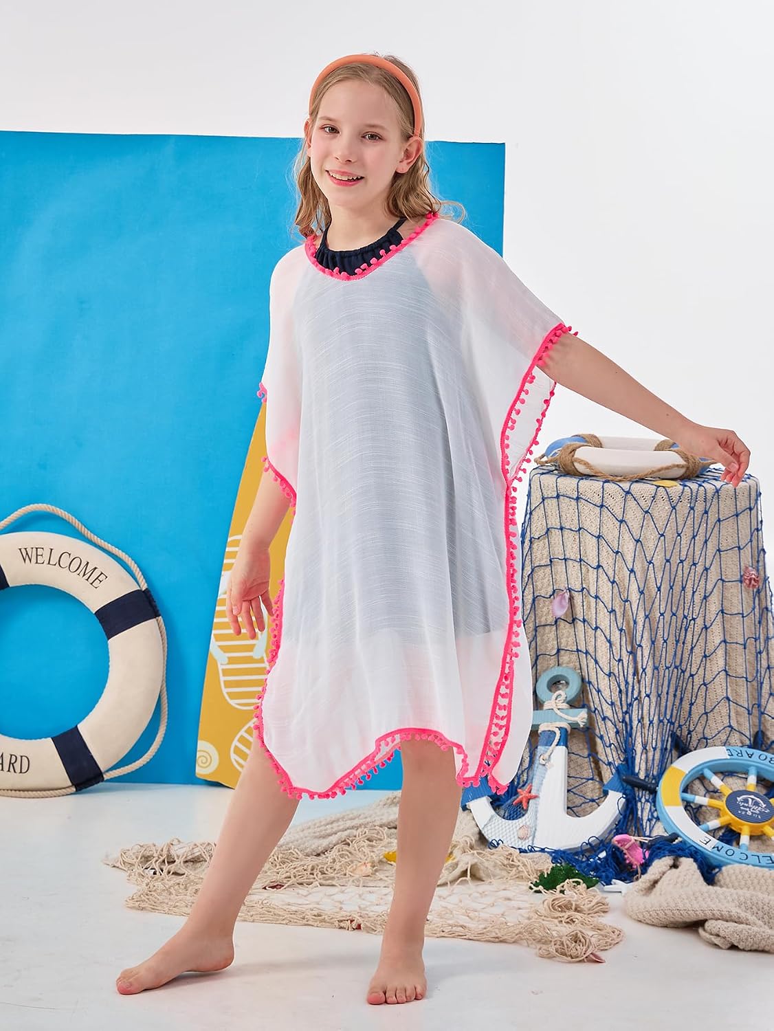 GORLYA Girls Casual Tassel Swimwear Cover Ups Bathing Chiffon Coverups Beach Swimsuit Wraps with Pom Pom Trim