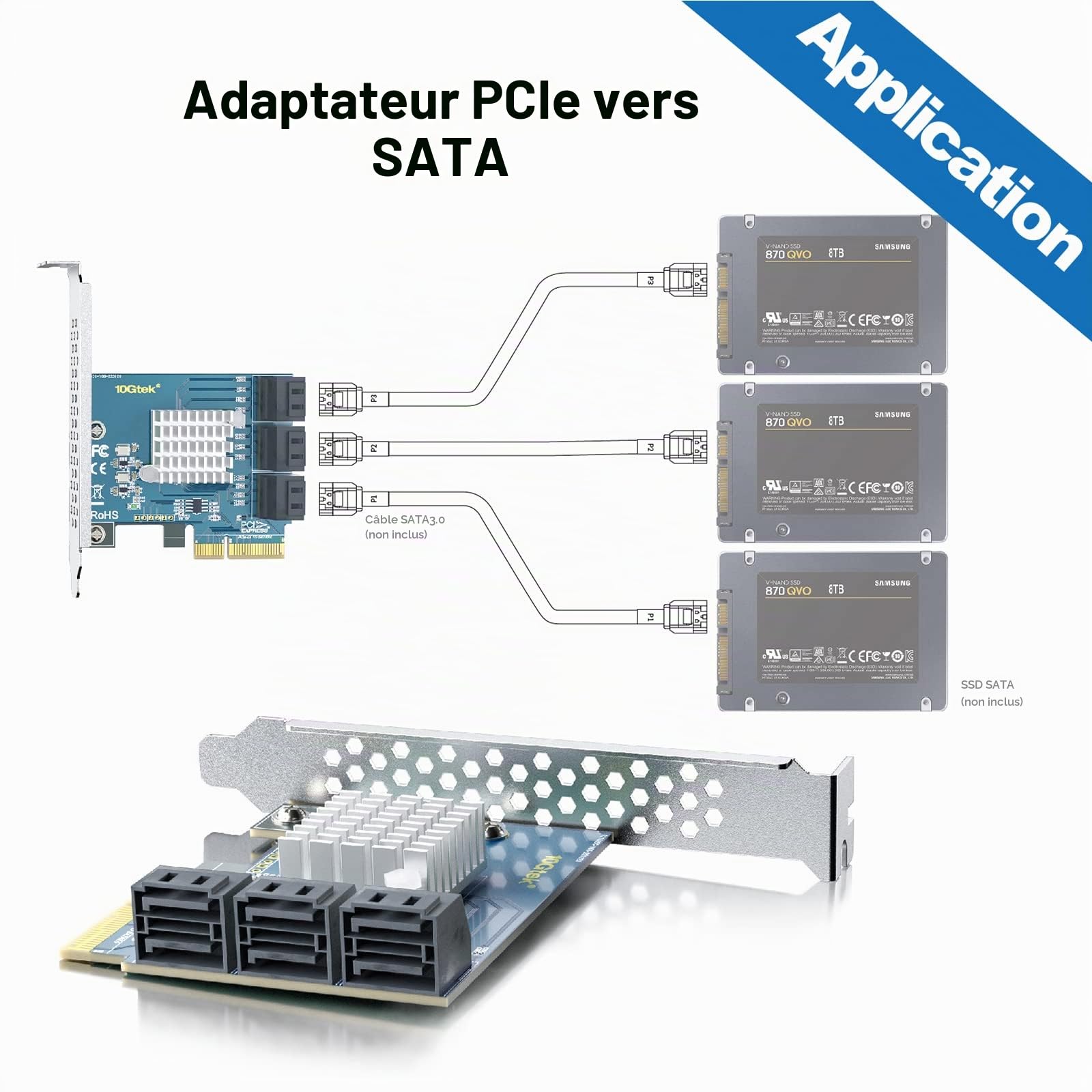 10Gtek PCIe SATA Card 6 Ports X4, 6Gbps SATA3.0, ASMedia ASM1166 Chip, Compatible with Windows 7/10/Linux/VMware ESXi, PCIX2SATA-6