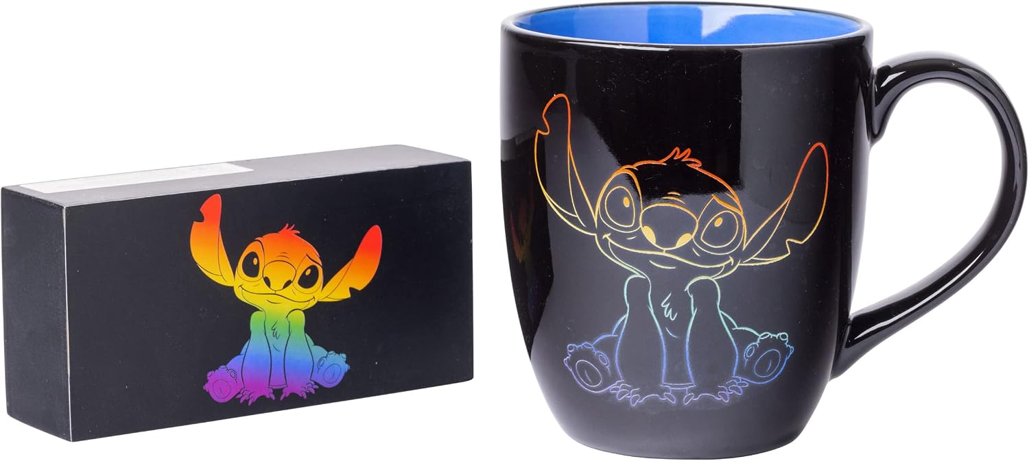 Silver Buffalo Disney Stitch Ohana Means Family Rainbow Pride Ceramic Mug and Box Sign Set, 18-Ounces