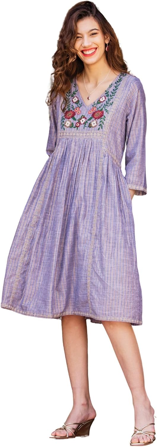 NOVICA Artisan Hand Embroidered Cotton Babydoll Dress with Floral Motif Clothing Multicolor Line India 'Kajili'