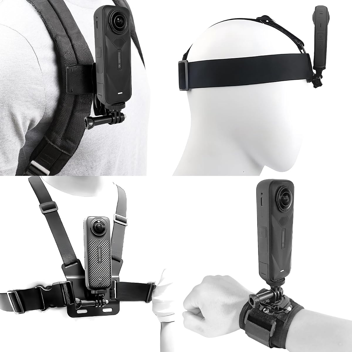 Accessories Set for Insta360 X5 X4 X3 X2 X, Head Strap Mount + Chest Mount Harness + Backpack Clip Holder + 360°Rotating Wrist Strap Compatible for GoPro Hero, DJI OSMO Action Camera and AK ASO