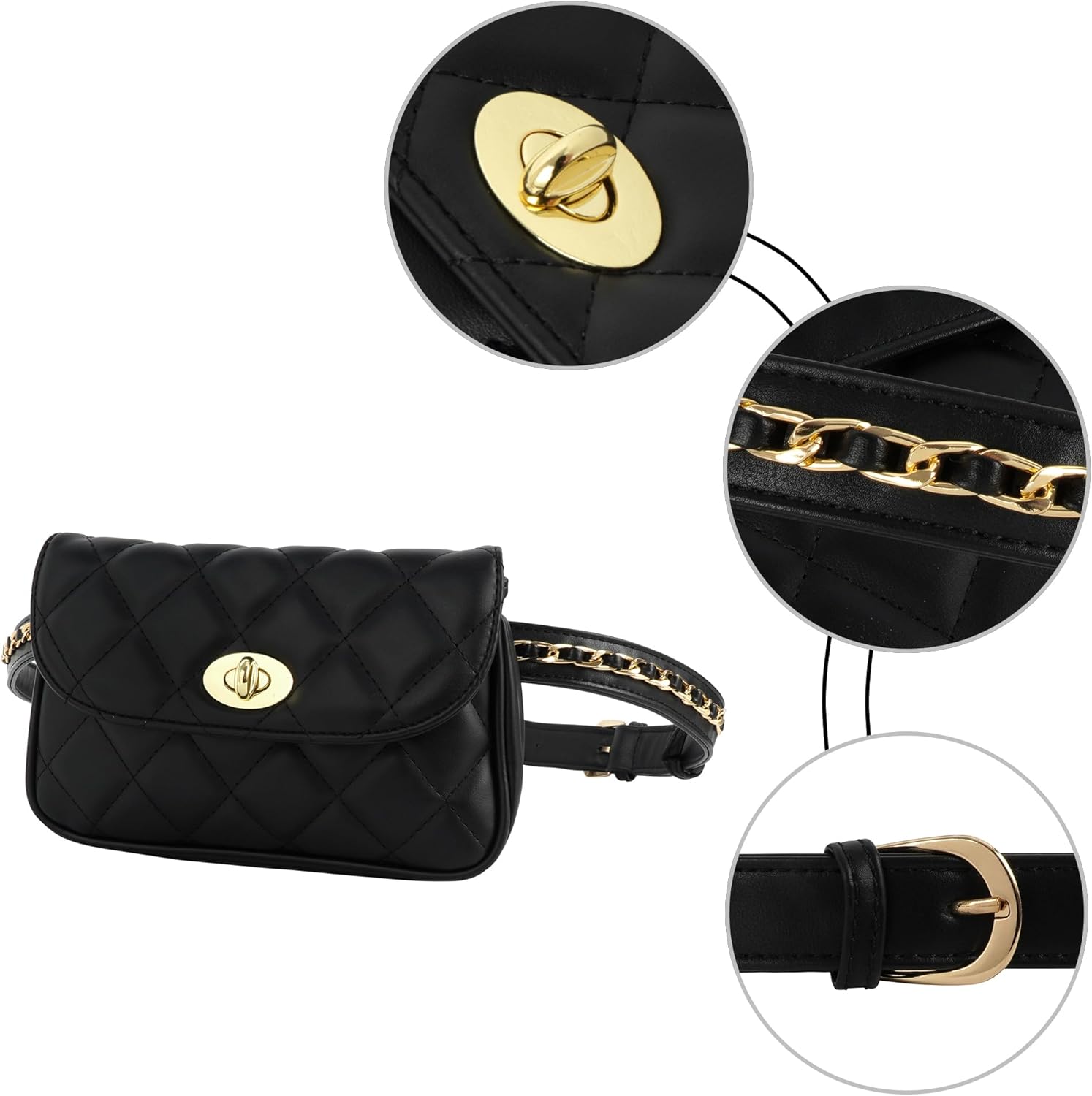 ZLM BAG US Womens Mini Waist Bag Fashion Faux Leather Quilted Fanny Pack Bum Purse Black,L-Belt Length 120CM
