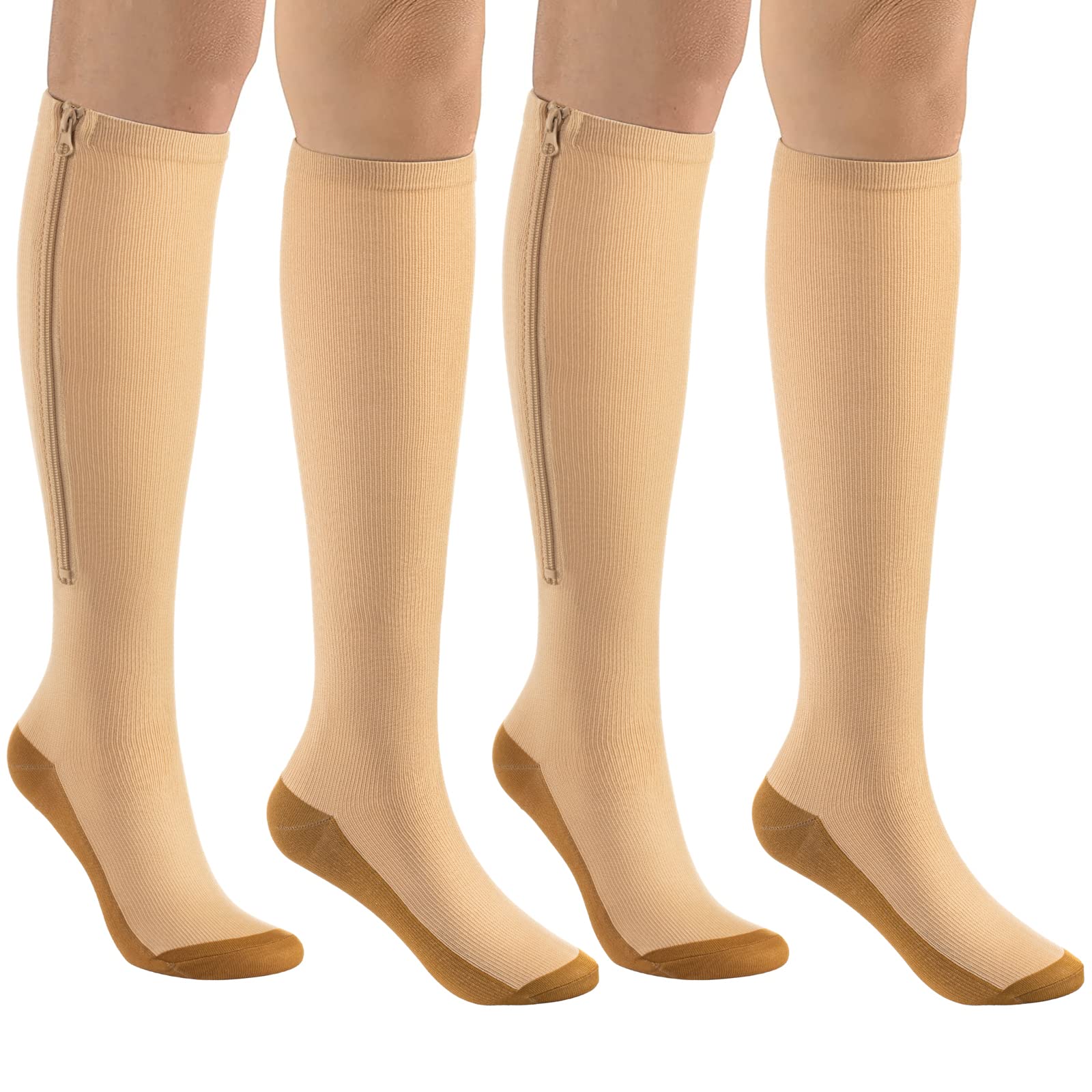 bropite Zipper Compression Socks Women & Men - 2Pairs Calf Knee High 15-20mmHg Closed Toe Compression Stocking