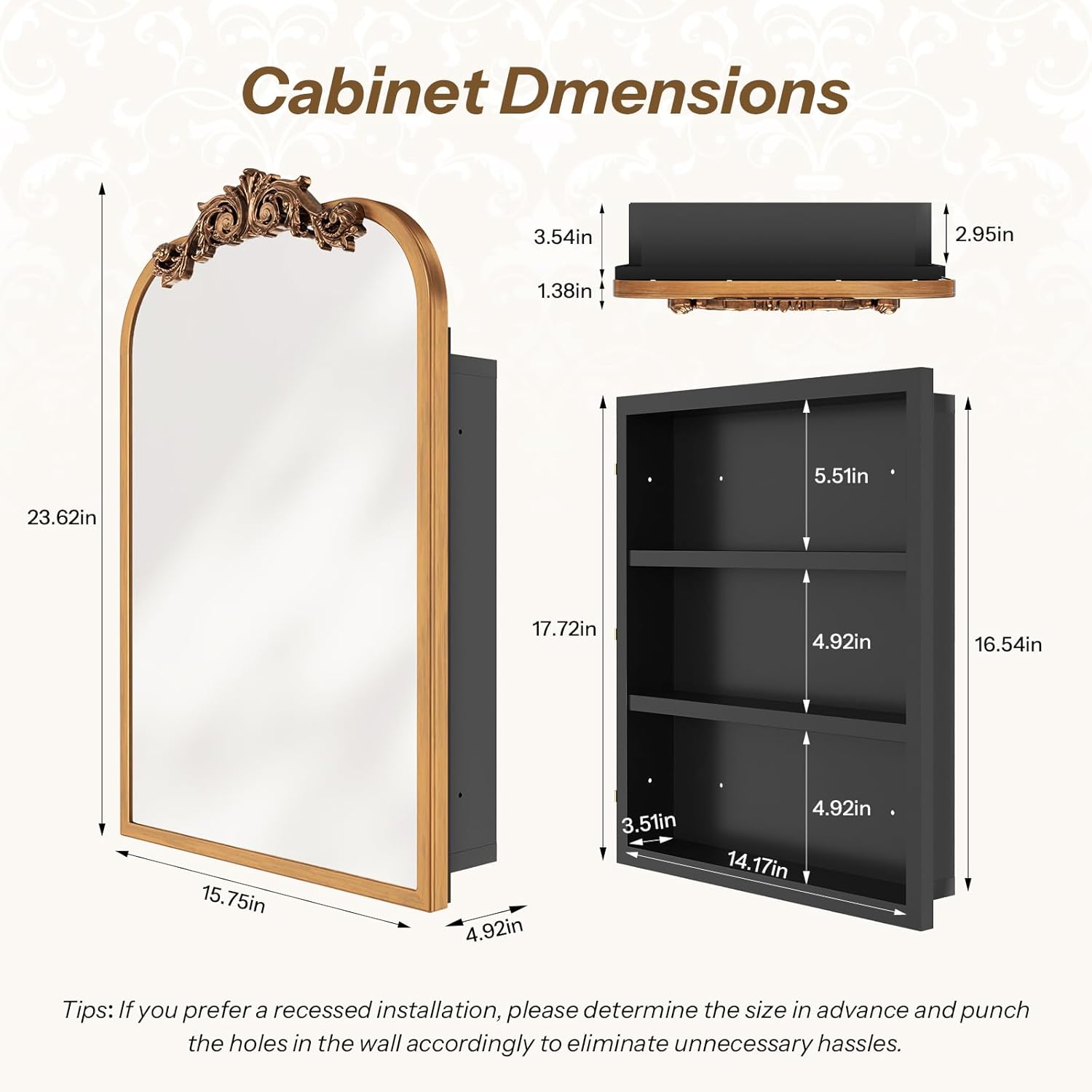 16x24 Inch Bathroom Medicine Cabinet with Mirror, Recessed or Surface Mount, Sturdy, Durable & Easy Installation, Vintage Metal Frame(Gold)