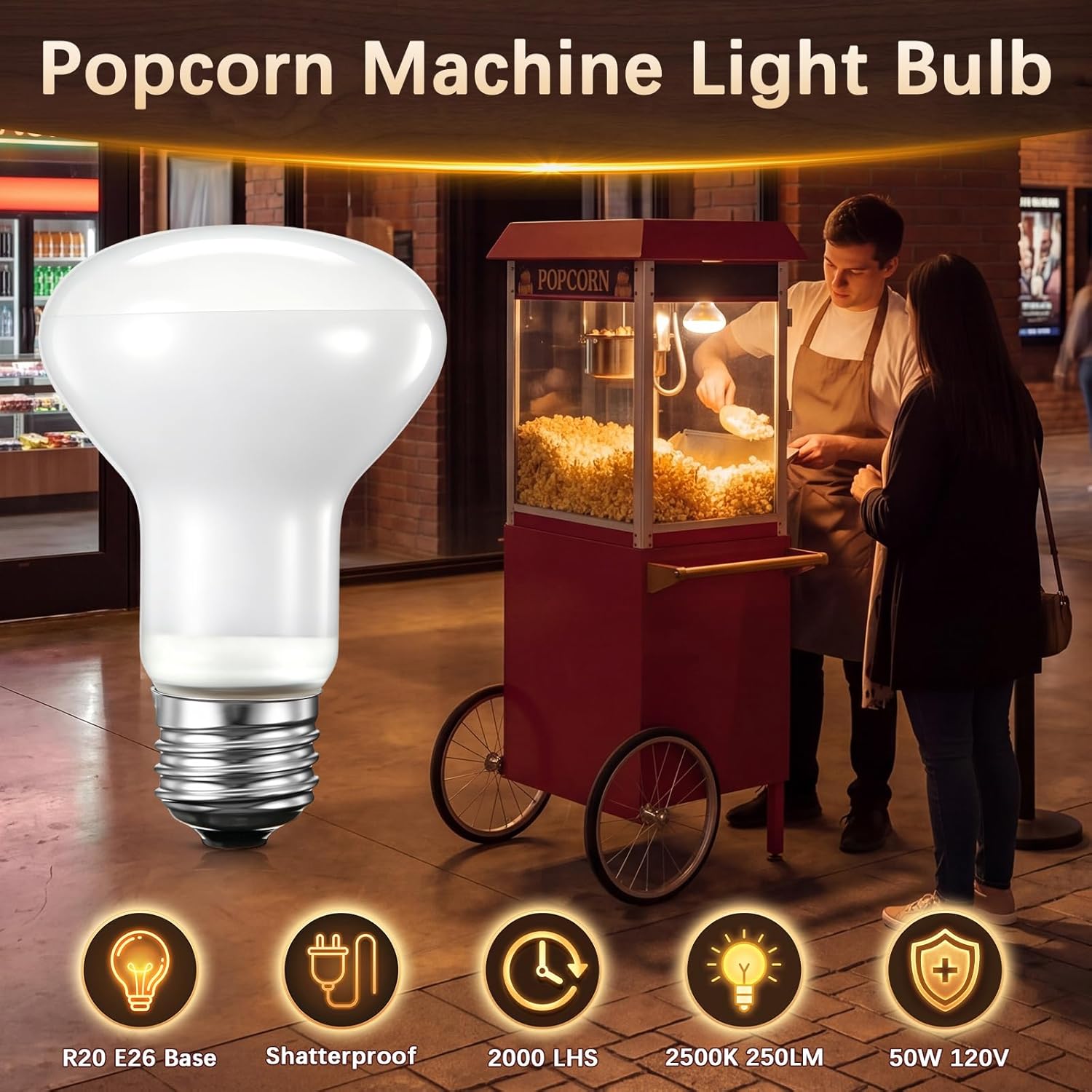 4 Pack 50W 120V R20 Popcorn Machine Light Bulb Replacement, Frosted Shatter Proof Popcorn Lamp, Incandescent Reflector Heat Light Bulb for Machine Warmer & Food Display, E26 Base