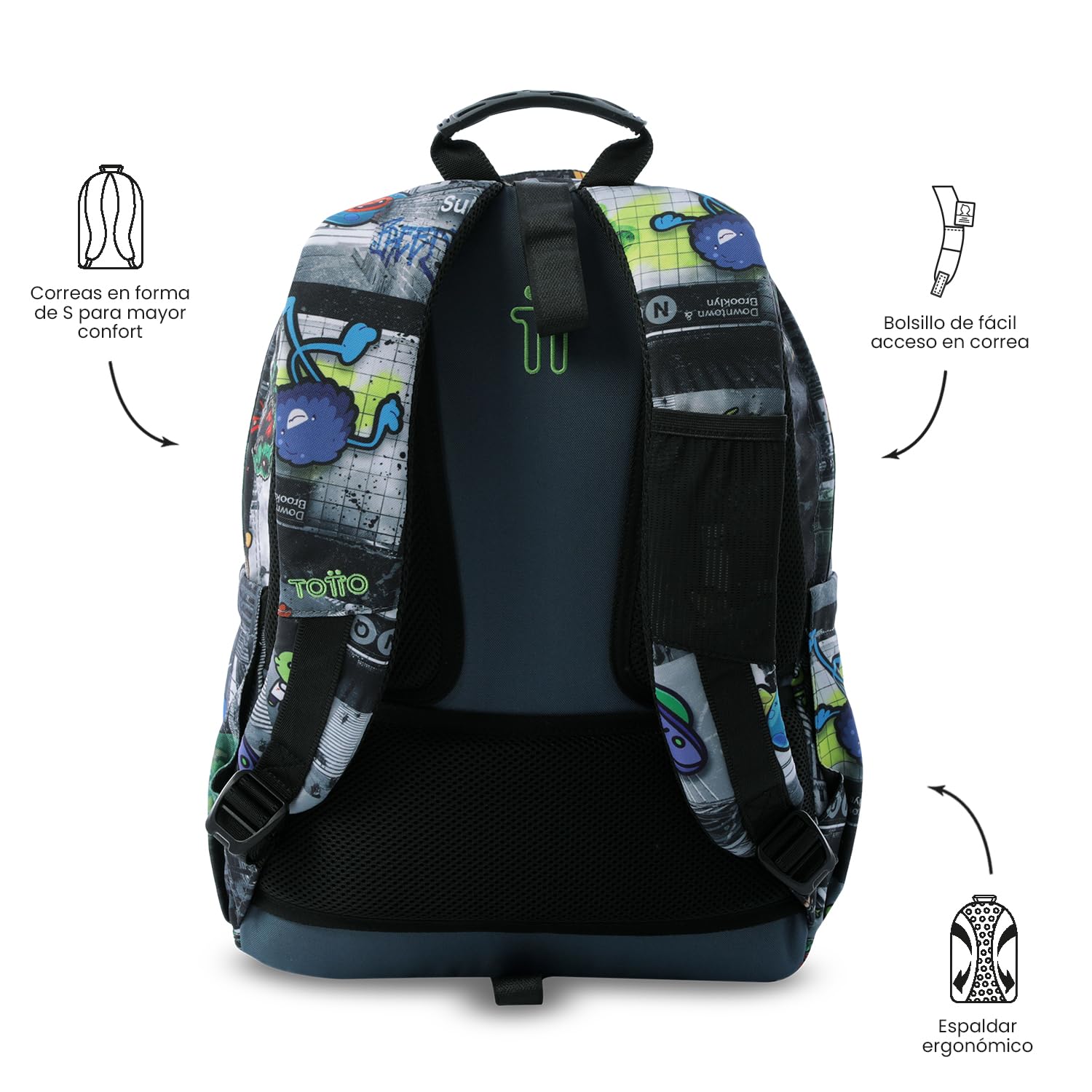 TOTTO - Mochila Escolar Adaptable a Carro, Modelo Acuareles Glitter, Capacidad 20L, Bolsillo para Pc 14", 2 Bolsillo Botella, Espaldar Ergonómico con Flujo de Aire, Correas en S, Estampado Rolly Negro